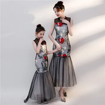 

Parenting Mother Daughter Chinese Style Dress Fashion Princess Evening Dresses Long Cheongsam Qipao Girl Oriental Wedding Gowns