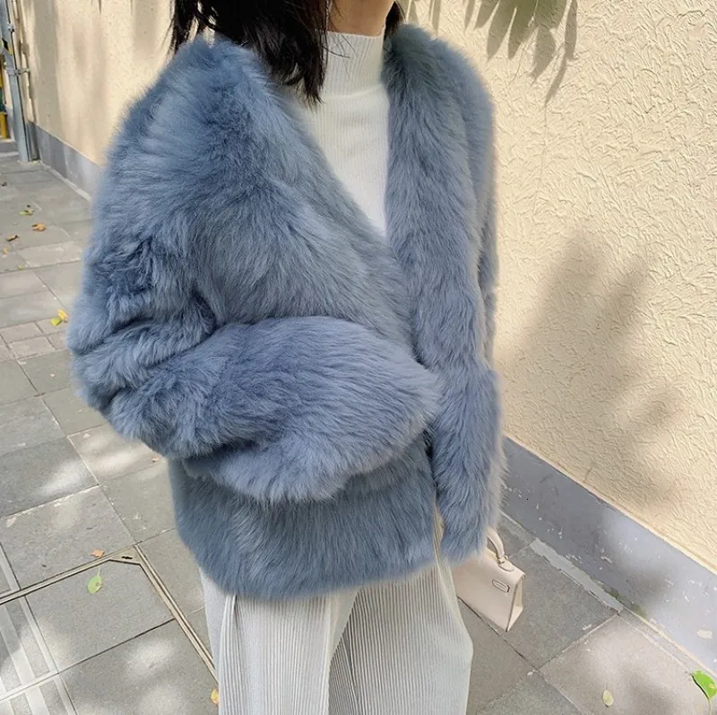 Роскошные высококачественные женские короткие пальто из натурального меха, модные женские пальто с длинным рукавом, v-образным вырезом и карманами для вечеринок