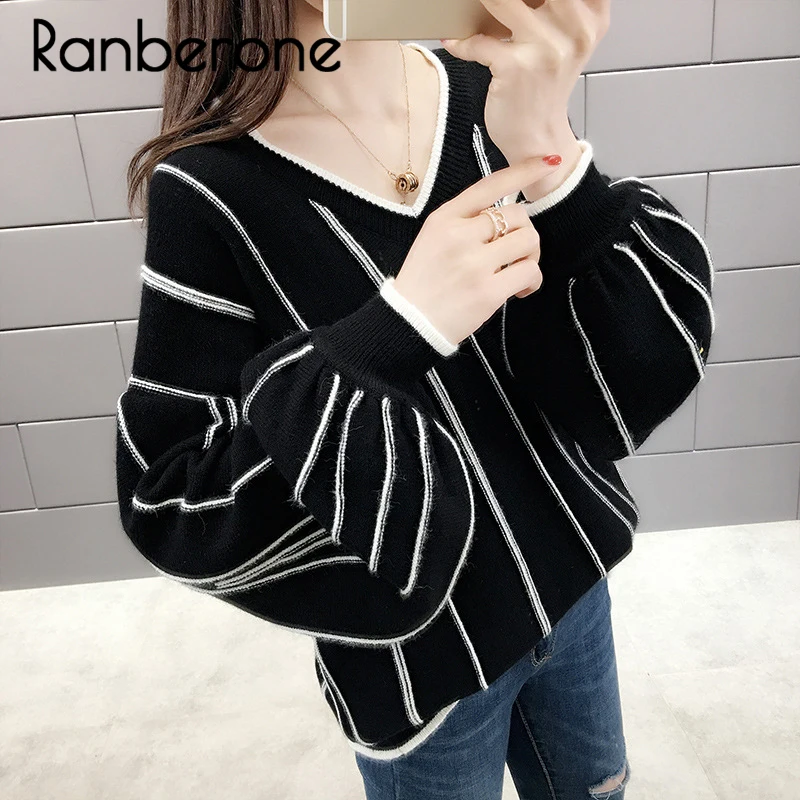 Ranberone Autumn Winter Women Knitted Sweaters Pullovers Loose Wild Fashion V Neck Striped Pullover Patch Pull Femme Lady Top Ranberone Autumn Winter Women Knitted Sweaters Pullovers Loose Wild Fashion V Neck Striped Pullover Patch Pull Femme Lady Top