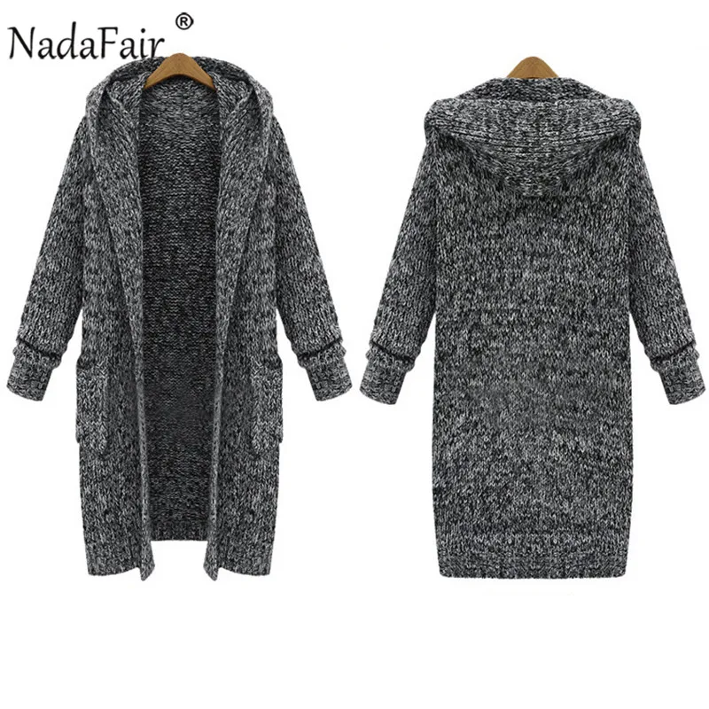 Nadafair, черный толстый зимний длинный кардиган, Женский однотонный Повседневный длинный вязаный кардиган с капюшоном, свитер, пальто для женщин