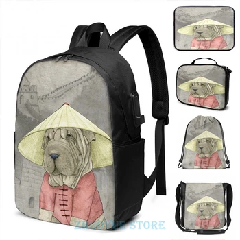 

Funny Graphic print Shar Pei on The Great Wall USB Charge Backpack men School bags Women bag Travel laptop bag
