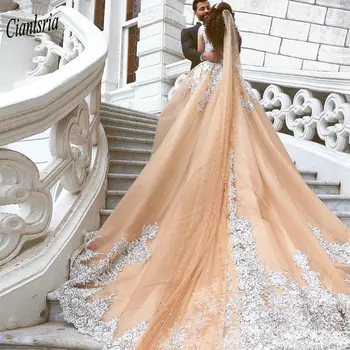 شراءGlamorous Chapel تراين دبي حفلة عربية فساتين الزفاف كم طويل زين دانتيل مطرز بالخرز الشمبانيا فستان الزفاف