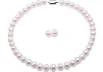 

10mm white pearl Women Jewelry set necklace stud earrings 925 silver clasp AAA Cultured freshwater pearl