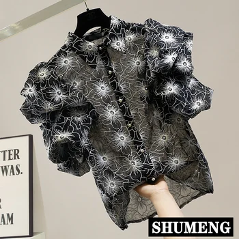 

High Street Heavy Embroidery Flower Perspective Shirt for Woman Lapel Short Sleeve Blouse Tops Blusas Mujer De Moda 2020