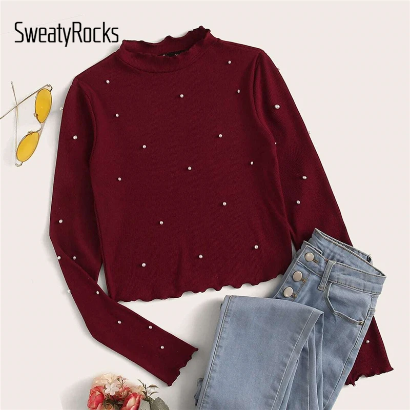 SweatyRocks ребристая трикотажная футболка с жемчужинами и бусинами по краям салата, уличная одежда, облегающие футболки и топы с воротником-стойкой, повседневные женские базовые футболки