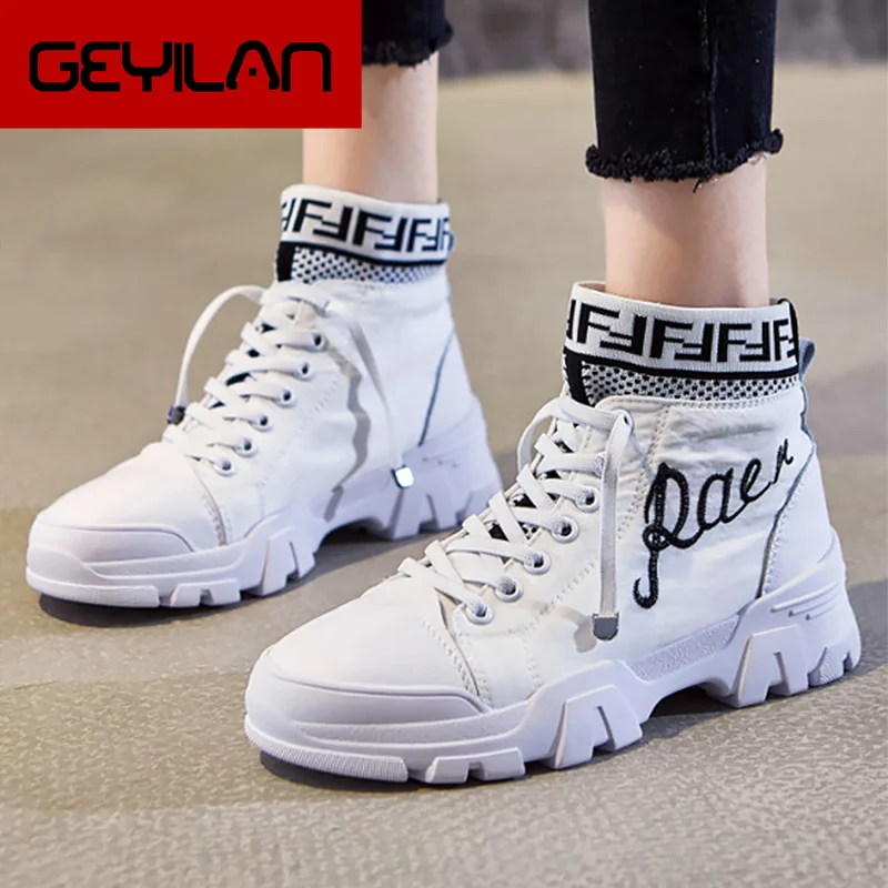 

Women's Sneakers Platform Genuine Leather Lace up High top Canvas shoes for girls Antiskid Breathable Casual shoes woman Fashion