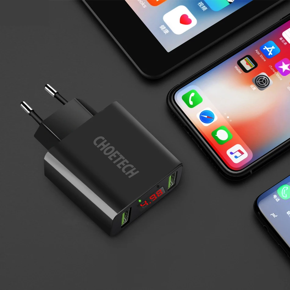 CHOETECH универсальное дорожное настенное зарядное устройство, 5 В, 2 А, светодиодный дисплей, 2 USB, быстрая зарядка, зарядное устройство для мобильного телефона, для всех смартфонов Xiaomi