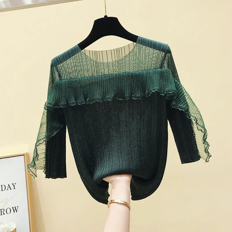 

2020 Summer New Fashion Gauze Lace T-shirt Women's Ice Silk Knitting Shirt Pullover Tops Girls Mesh Falbala T-shirt Student Tees