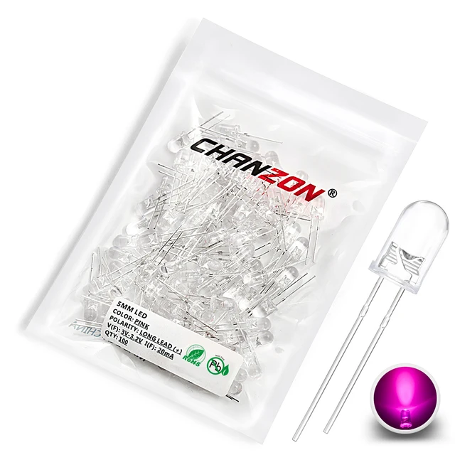 100pcs 5mm LED Diode Ultra Bright Warm White Red Green Blue UV Purple Yellow Orange Pink 2V 3V 20mA F5 Emitting Assortment Set 100pcs Pink