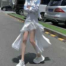

Chic Irregular Harajuku Solid Color Sexy Female Skirt High Waist Women Casual Cool Split Lace Ruffles 2021 Spring Summer Skirts