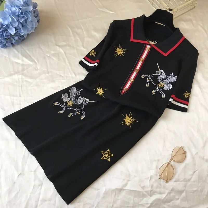 ALPHALMODA Французский Ретро Вышивка узор платье поло воротник с коротким рукавом 2019