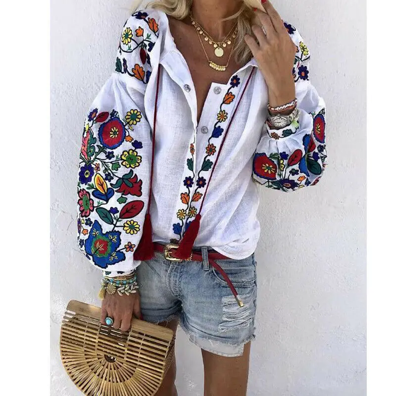New Women White Floral Ethnic style Embroidered Blouse And Tops Long Sleeve Turn Down Collar Elegant Shirt blusas mujer de moda