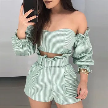 

2020 New Hot Autumn 2 Two Piece Set Women Sexy Off Shoulder Ruffles Tops Shorts Set Striped Female Casual Holiday Outfits