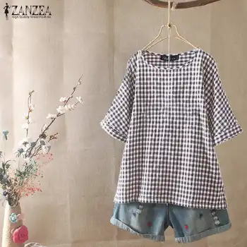 

Women's Summer Blouse ZANZEA 2020 Vintage Check Shirts Casual Short Sleeve Blusas Female O Neck Plaid Tops Oversized Tunic 5XL