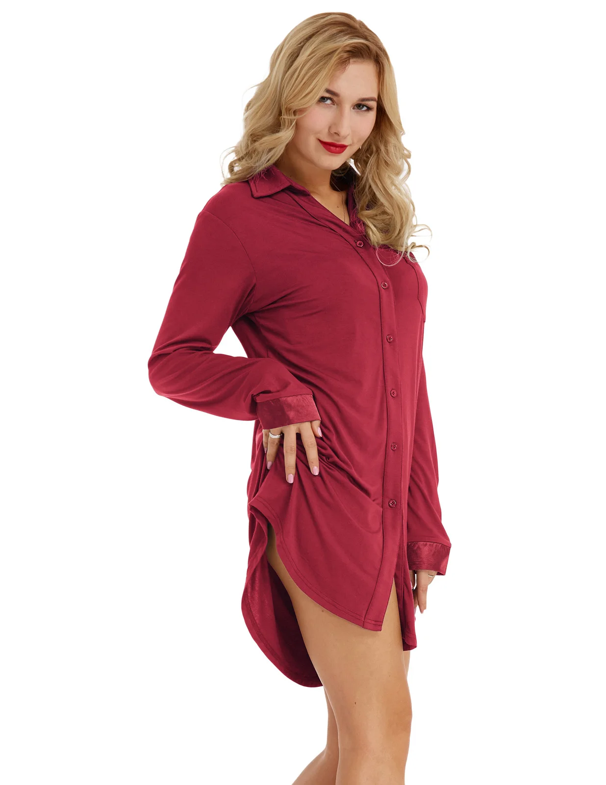 Zexxxy/женские рубашки для сна, удобное платье для сна с длинными рукавами и отворотами, однотонная цветная Ночная рубашка на пуговицах, домашняя одежда-ночная сорочка