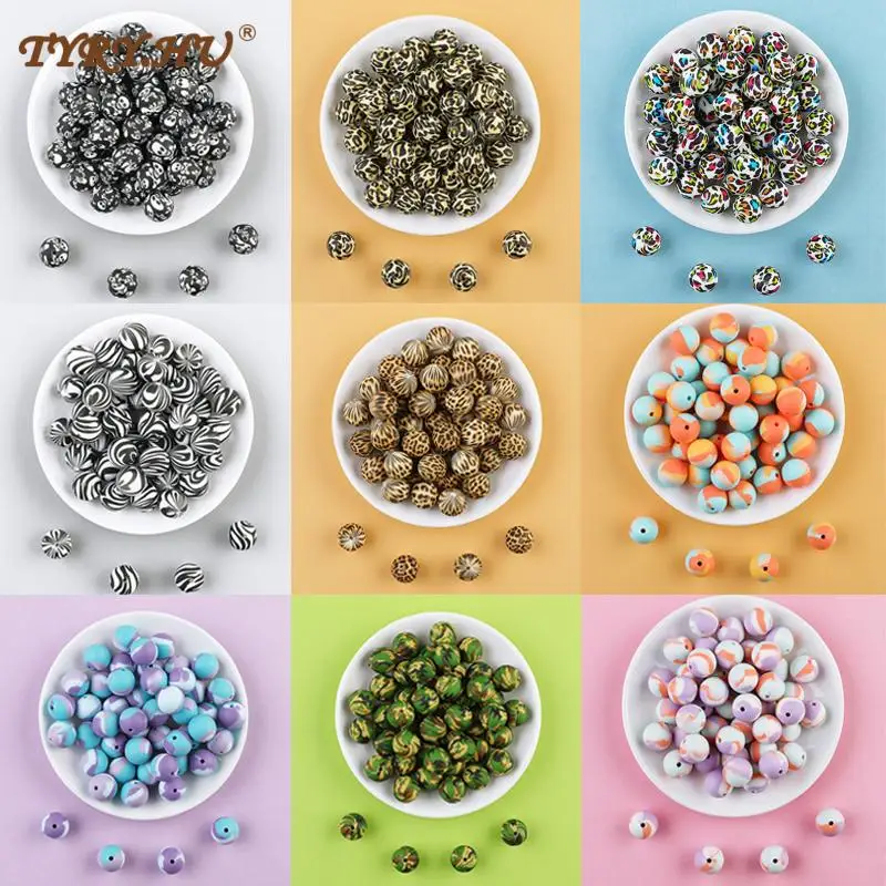 TYRY.HU Newest 50Pcs 15mm Silicone Leopard Beads Water Print Teething Necklace DIY Accessories Pacifier Chain Nursing BPA Free | Мать и