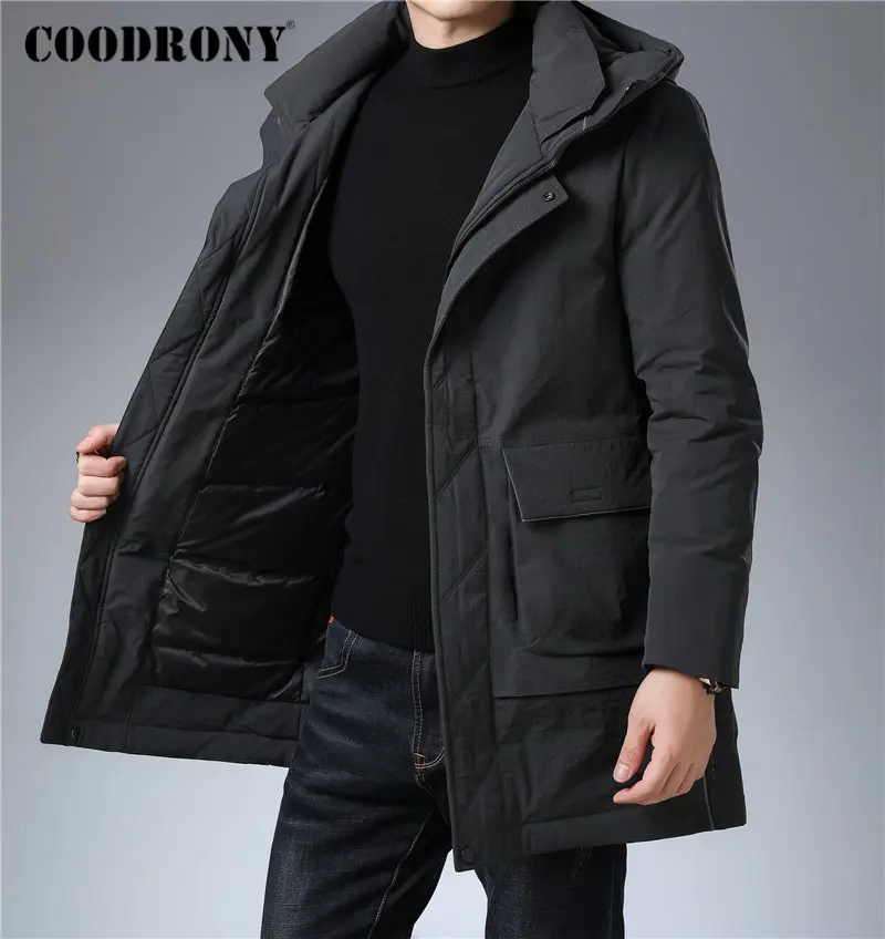 Бренд COODRONY, пуховик на утином пуху, мужская мода, повседневное длинное пальто с капюшоном, Мужская одежда,, зимние толстые теплые куртки с большими карманами, 98029