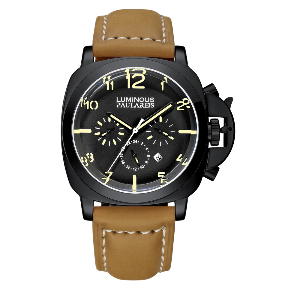 Automatic Self Wind Mechanical Genuine Brown Leather Strap Multifunction Date Month Yellow Green Luminous Rose Gold Men Watch - Цвет: Black Yellow