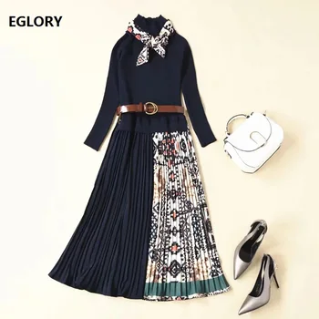

2019 Autumn Winter Casual Sweater Dress Women Bow Collar Vintage Print Patchwork Long Sleeve Mid-Calf Length Sweater Dress Belt