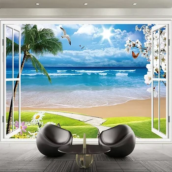 

Custom Mural Papel De Parede 3D Sandy Beach Seascape Window Nature Landscape Photo Wallpaper For Living Room TV Background Decor