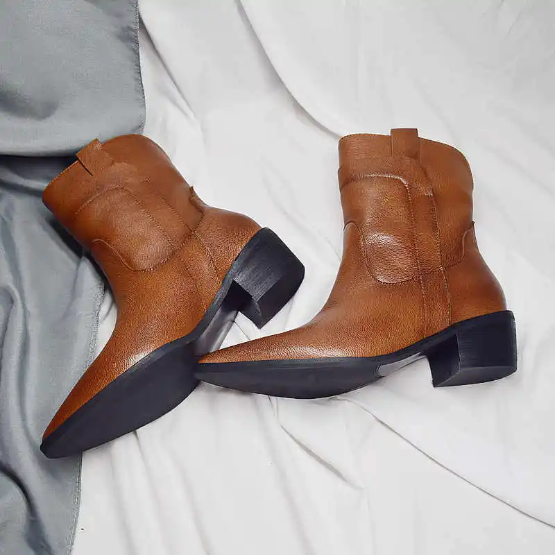 

Masgulahe 2020 New full genuine leather boots women shoes pointed toe square heel ladies ankle boots retro brown female boots