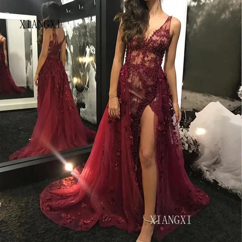 

Graceful Long Evening Dress 2019 A-Line Deep V-Neck Sleeveless High Split Evening Dresses Formal Party Gowns Vestidos