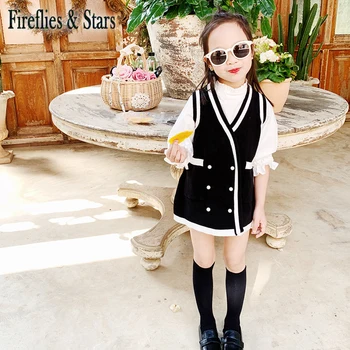 

Autumn Winter girls vest cardigan baby coat kids knitted jacket children outwear black white jacquard pearl snap 3 to 9 yrs