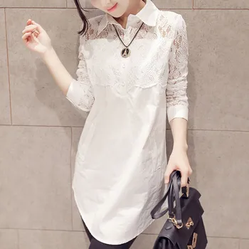 

Fashion Turn-down Collar Lace Print Woman Blouses White Shirt Long Sleeve Female Casual Long Blouse