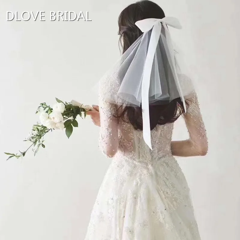 

New Style Cute Short Bridal Veil Wedding Accessory Two Layer with Satin Bow Sash