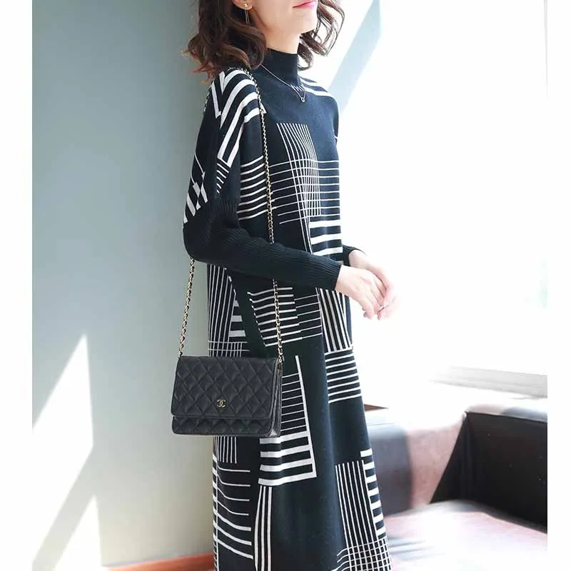 

Half-Turtle-Neck Long-sleeved Dress Autumn Women's 2018 New Style Mid-length Elegant Skirt Hong Kong Flavor Retro WOMEN'S Dress-
