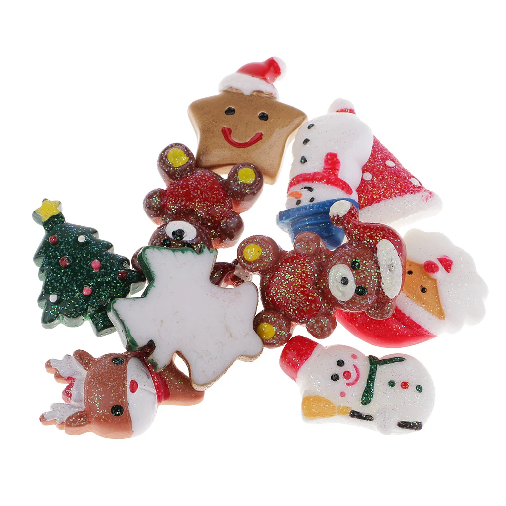 10pcs Assorted Christmas Resin Flatback Embellishment Cabochon for DIY Art Crafts Miniature Garden Ornaments Dollhouse Supplies