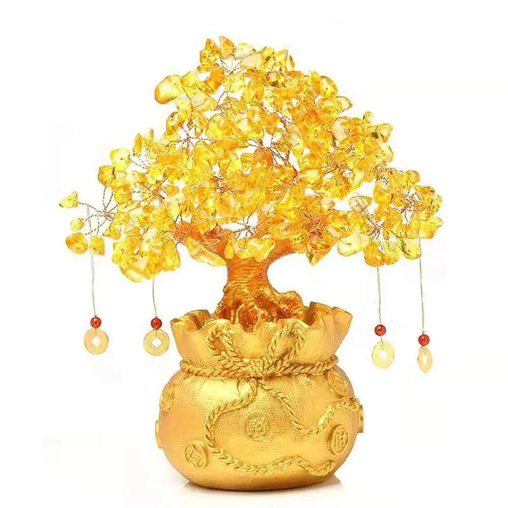 

180mm Natural Yellow Citrine Quartz Crystal Money Bag Wealth Tree Lucky Fashion Base AAAAA Powerful Healing Stone