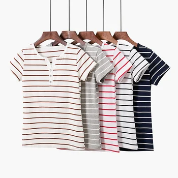 

Summer Female Stripe T-Shirt with Short Sleeves V-Neck Women's Over Size Cotton Shirt S-5XL Girls Sports Shirts