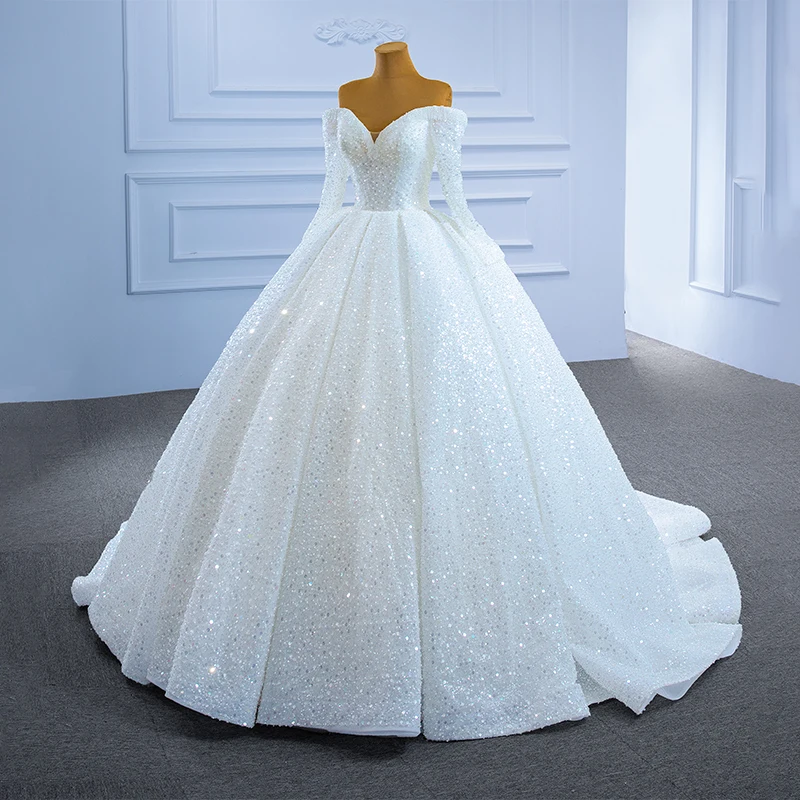 J67276 JANCEMBER White Shiny Wedding Dress Women Bridal Wedding Banquet 2021 Pearl Tassel Decoration Long Sleeve And Floor Gown 4