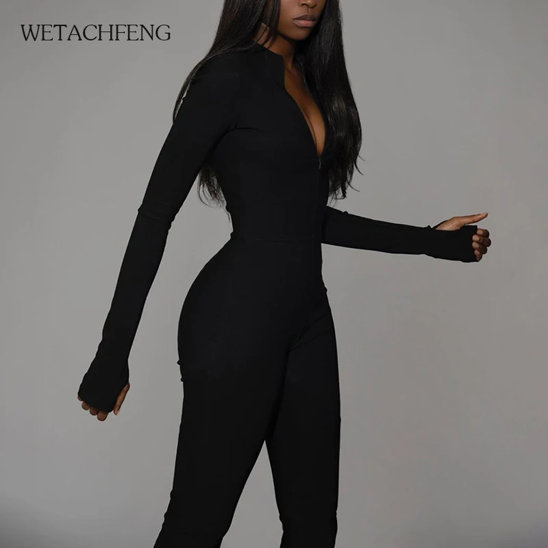 Black white Bodycon Jumpsuit Women's' Sportswear Rompers 2020 Spring Summer  Fitness Long Sleeve Zipper Elastic Bodysuit Clothes