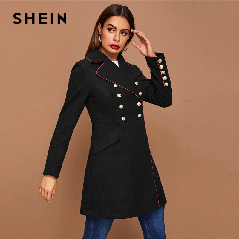 Goedkoop SHEIN Zwarte Revers Kraag Gouden Knop Detail Contrast Piping Jas Winter Lange Mouw Elegante Uitloper Lange Jassen Erwt