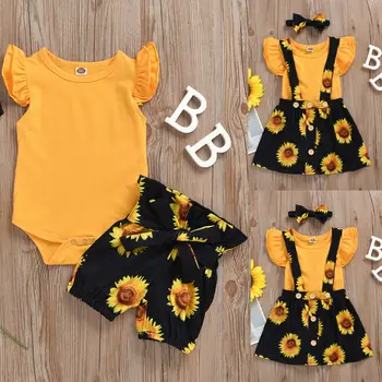 

3PCS Toddler Baby Girls Summer Ruffle Tops Sunflower Pants Skirts Outfits Set