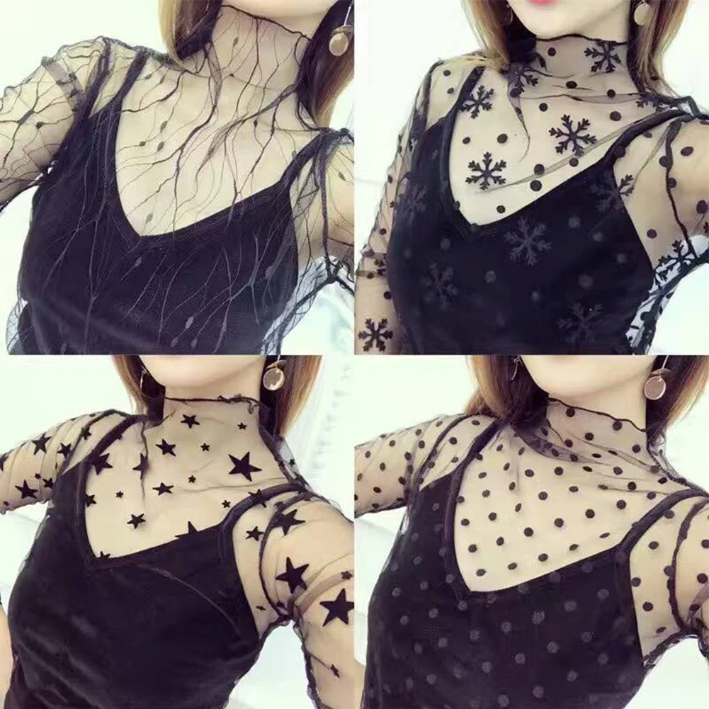 

New Ruoru Women Sexy Harajuku Mesh Tops Net See Through T Shirt Transparent Undershirt Star Base Top Camisas Femininas Clubwear
