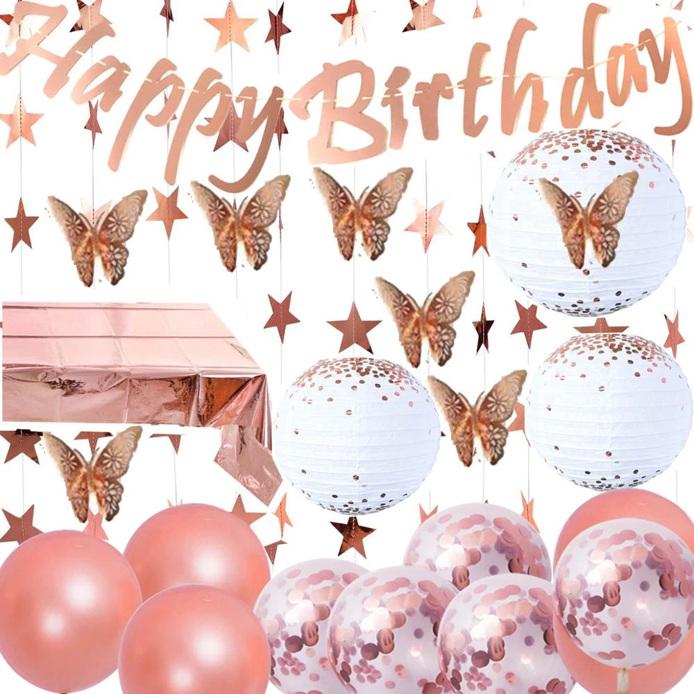 Birthday Banner Paper Lanterns Butterflies Star Garland Table Cover Balloons Rose Gold Happy Birthday Decorations Supplies Set Party Diy Decorations Aliexpress