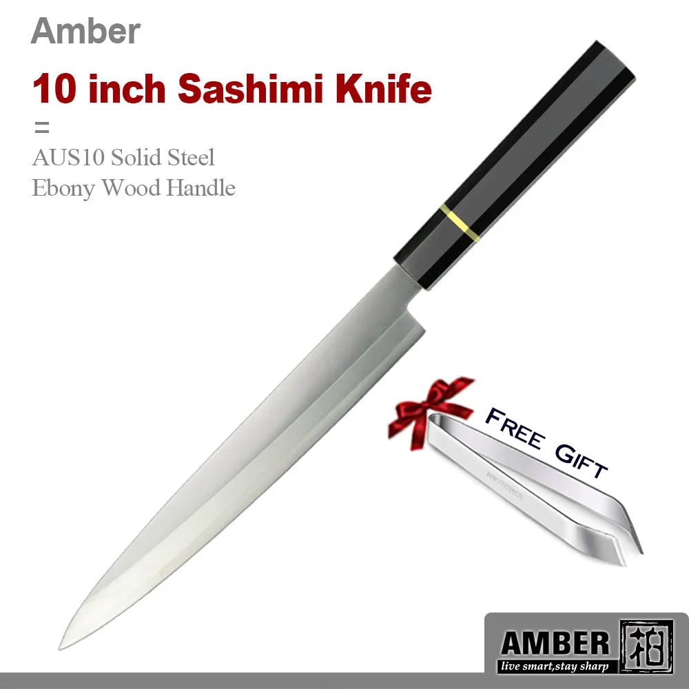 

Amberknife 10 inch Sashimi Knife AUS10 Solid Steel Professional Japanese Knife Fishing Fillet Knife with Ebony Wood Handle