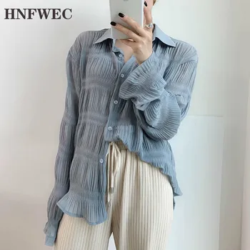 

New 2019 Summer Spring Korea Style Hollow Out Turn-down Collar Full Sleeve Single Breasted Women Loose Shirt Z932
