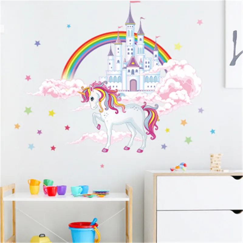 Colorful Rainbow Pink Princess Castle Unicorn Wall Sticker For Girls Kids Bedroom Unicorn Wall Decor Vinyl Mural Decals Muraux