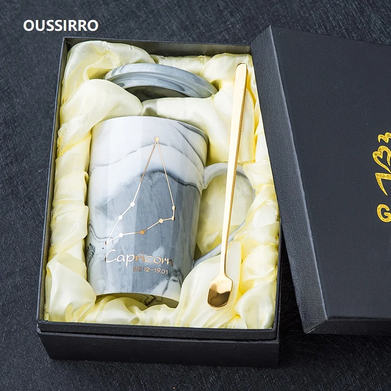 

OUSSIRRO 400ml Ceramic Coffee Mugs Constellation Theme Lucky Mug With Gift Box with Lid and Spoon Christmas Gift for Friends