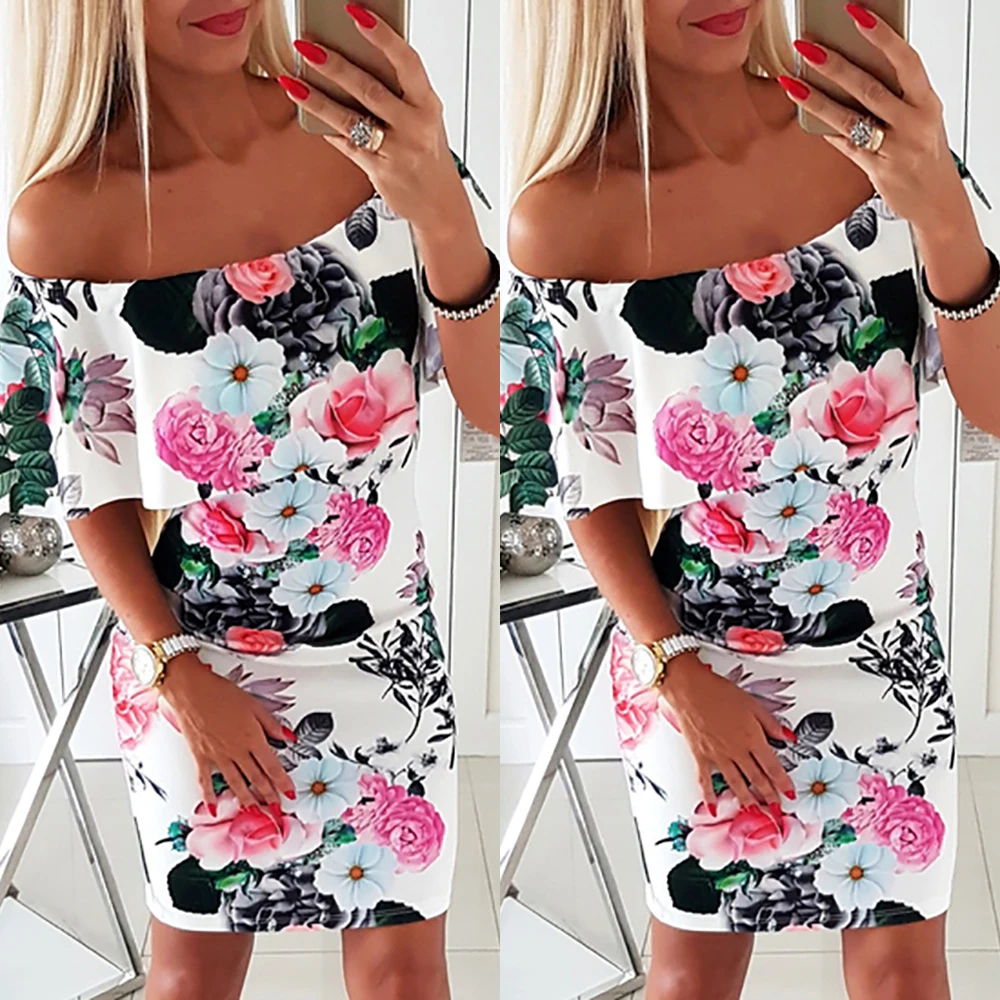2019 New Arrivals Sexy Off Shoulder Floral Printed Ruffled Women Bodycon Dress Party Night | Женская одежда