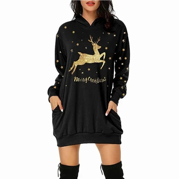 

HOT Kawaii Christmas Elk Dress For Women Girls Autumn Winter White Black Green High Quality Basic Hooded Pocket Ladies Dresses