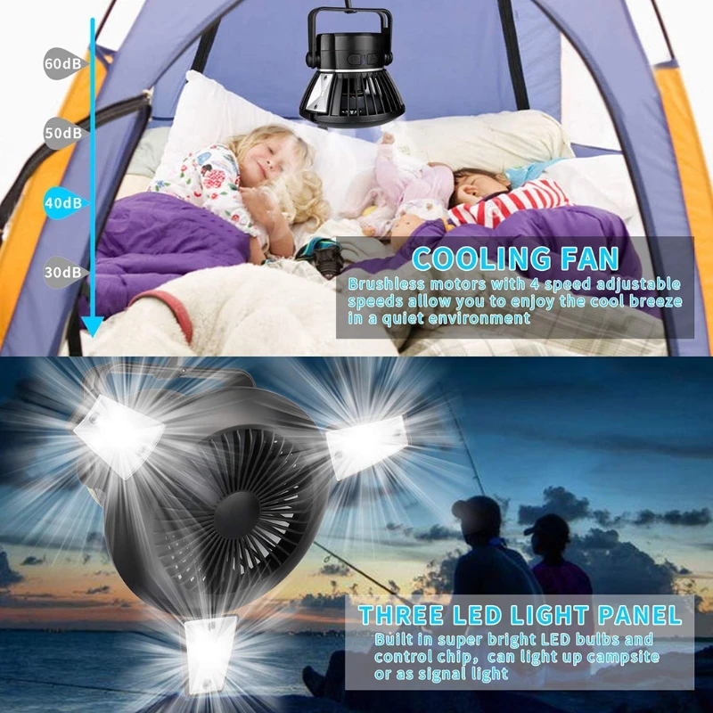 Camping Fan with LED Lights Tent Hanging Hook Rechargeable Battery Operated Handy for Home and | Бытовая техника