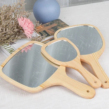 

New Natural Wood Mirror Wooden Hand Mirror Vintage Portable Compact Makeup Vanity Hand Held Mirror With Handle For Women Travel