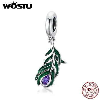 

WOSTU 100% 925 Sterling Silver Bead Peacock Feather Charm Pendant Fit Original Bracelet Necklace DIY Jewelry CQC1704