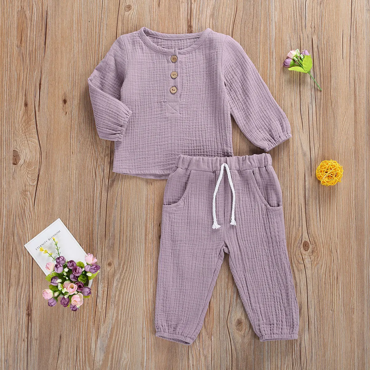 Fashion Autumn Kids Baby Girls Boys Outfit Suit Cotton Linen Solid Casual Toddler Infant Long Sleeve Tops+Pants Clothes Set 2