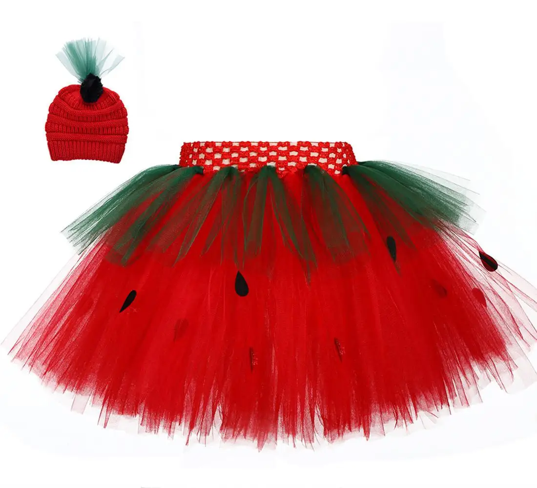 Рождественская юбка-пачка с клубничкой и шляпой для девочек, нарядный Хэллоуин вечерние костюмы-пачки для детей, фатиновая юбка с цветами для девочек - Цвет: red